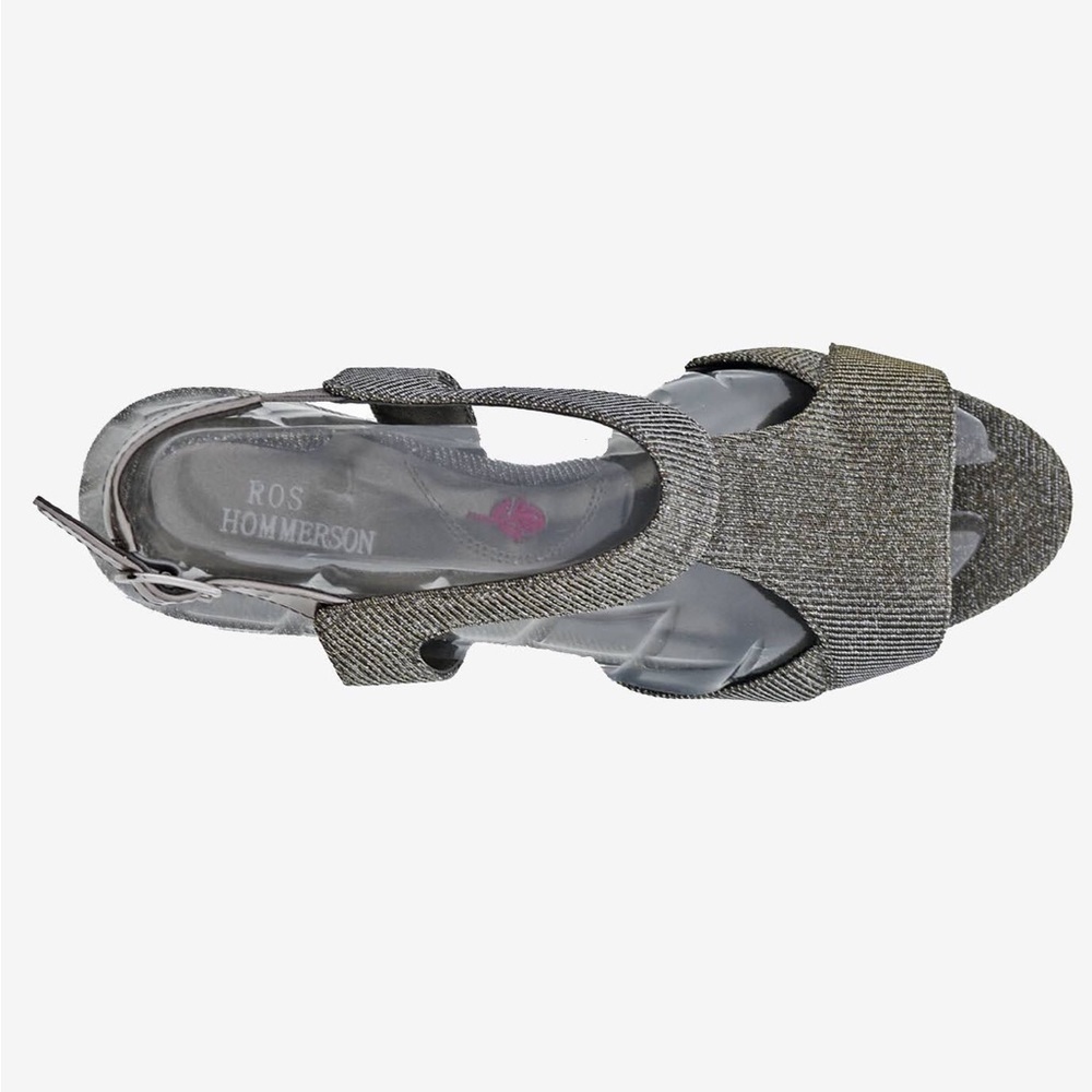 245- Ross Hommerson EUC Silver Lucky Heeled Sandal, Size 7.5M